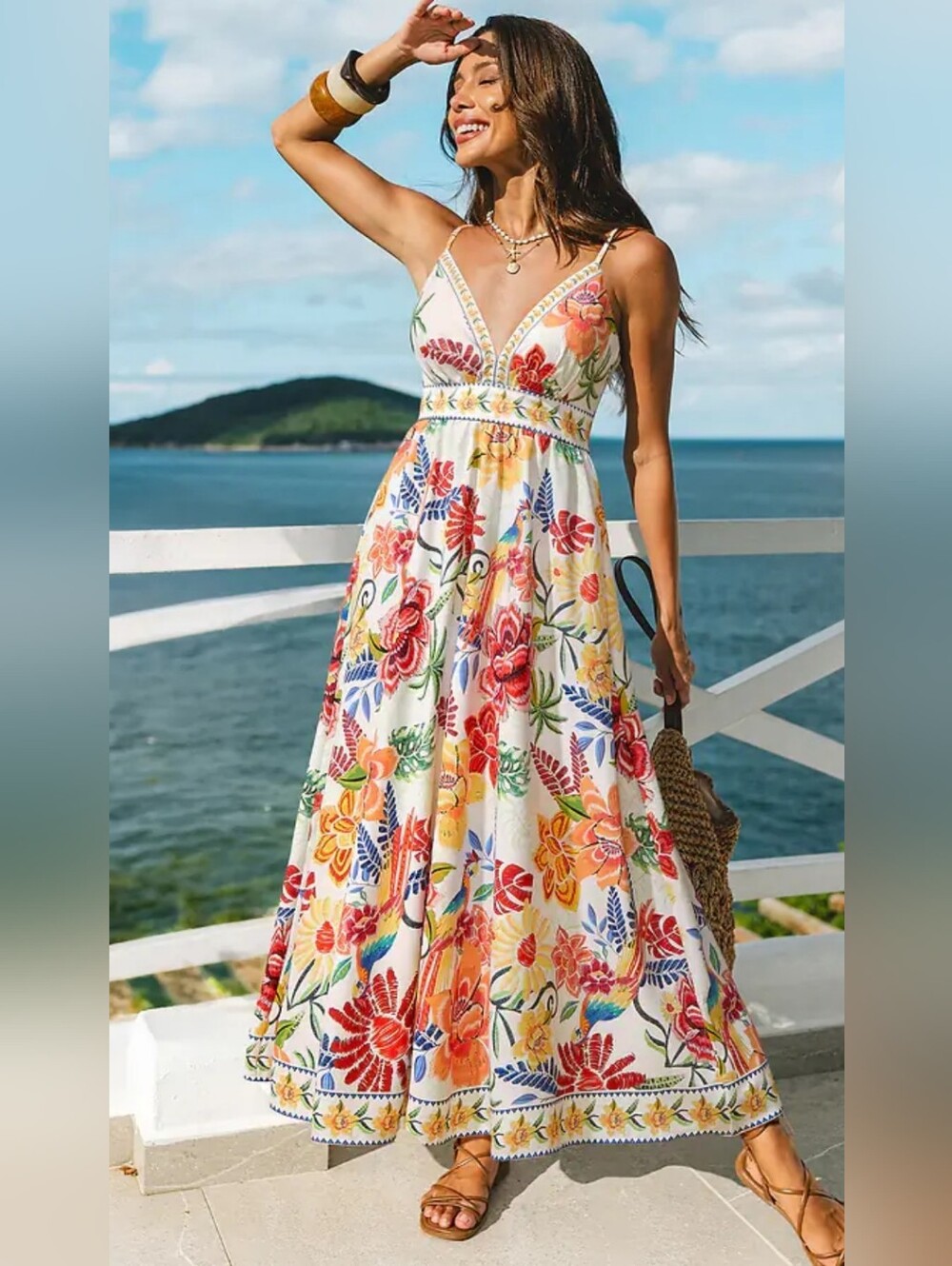 Cupshe White Floral V-Neck Maxi Dress with Multi-Colored Print